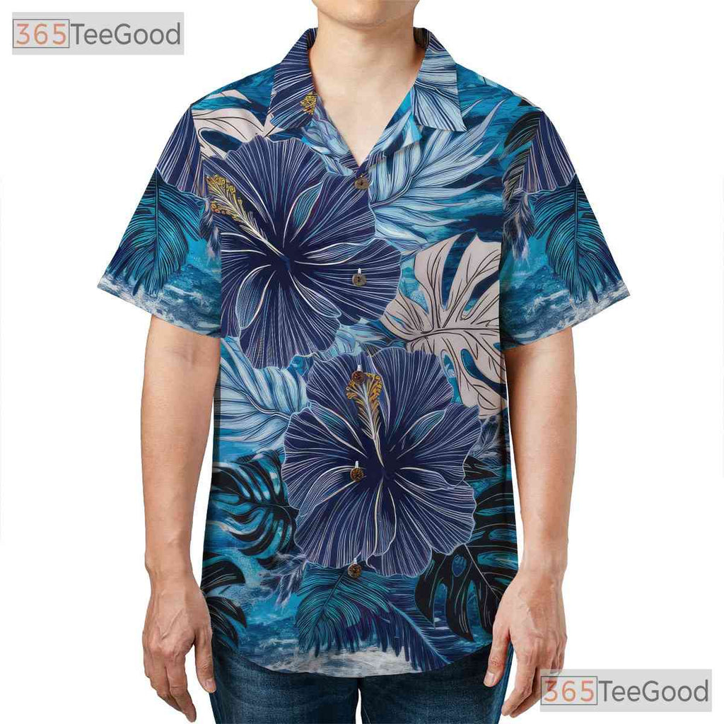 Tropical Hibiscus Blue Floral Aloha Beach Vacation Hawaiian Shirt Unisex