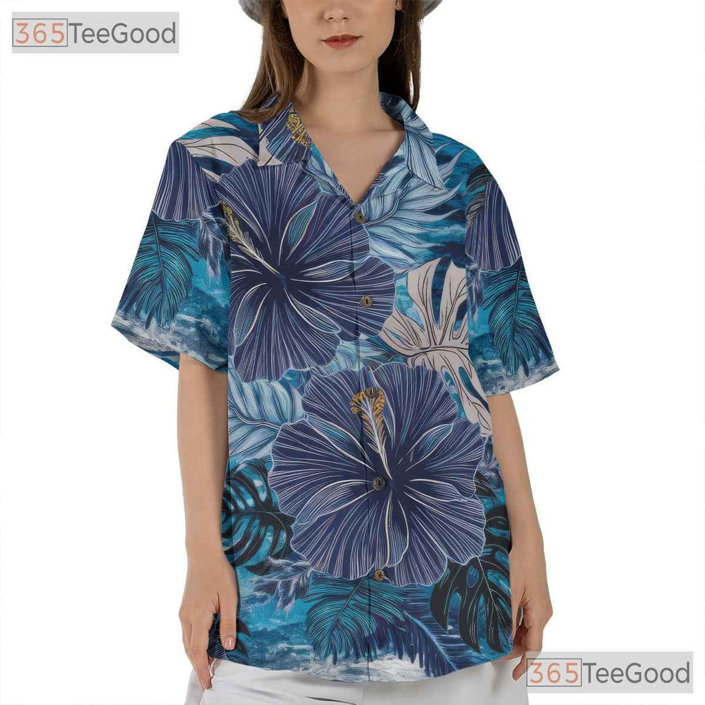 Tropical Hibiscus Blue Floral Aloha Beach Vacation Hawaiian Shirt Unisex