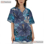 Tropical Hibiscus Blue Floral Aloha Beach Vacation Hawaiian Shirt Unisex