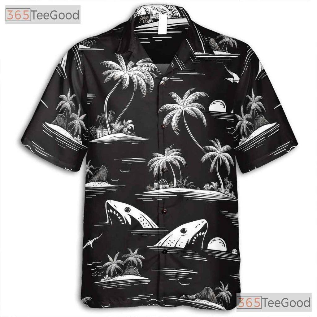Tropical Island Shark Palm Tree Hawaiian Shirt Men Women Beach Vacation Top