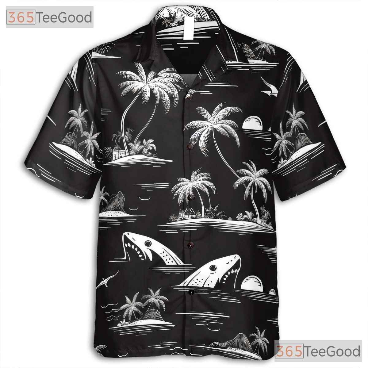 Tropical Island Shark Palm Tree Hawaiian Shirt Men Women Beach Vacation Top