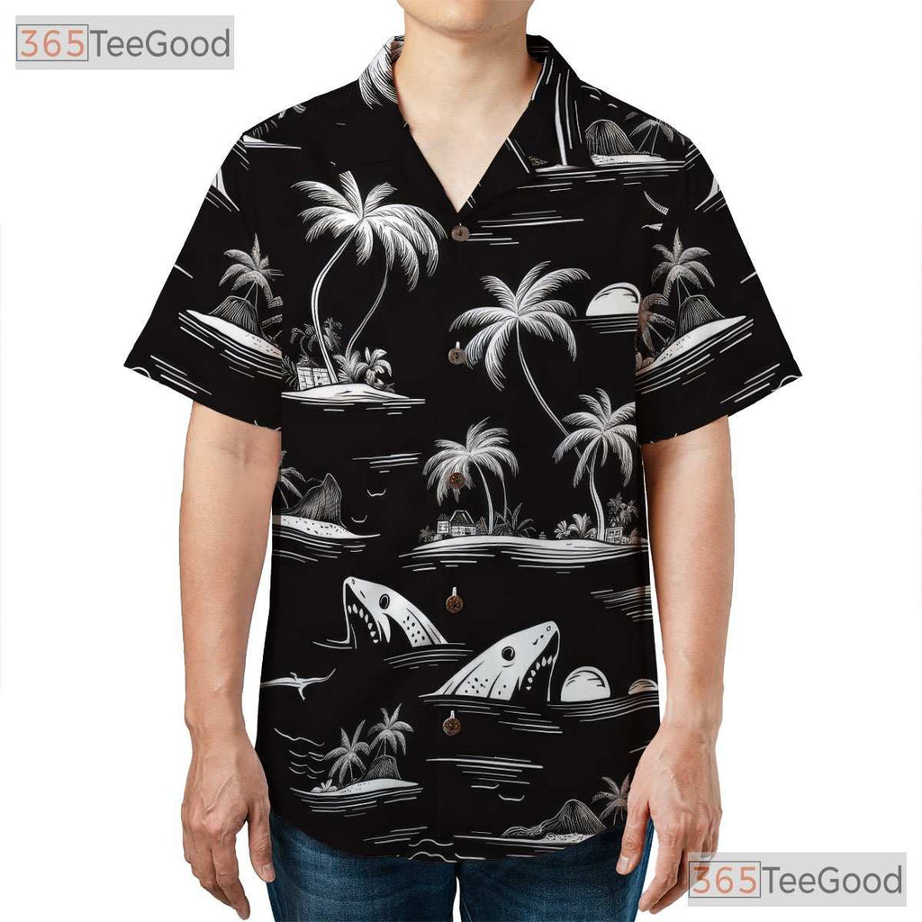 Tropical Island Shark Palm Tree Hawaiian Shirt Men Women Beach Vacation Top