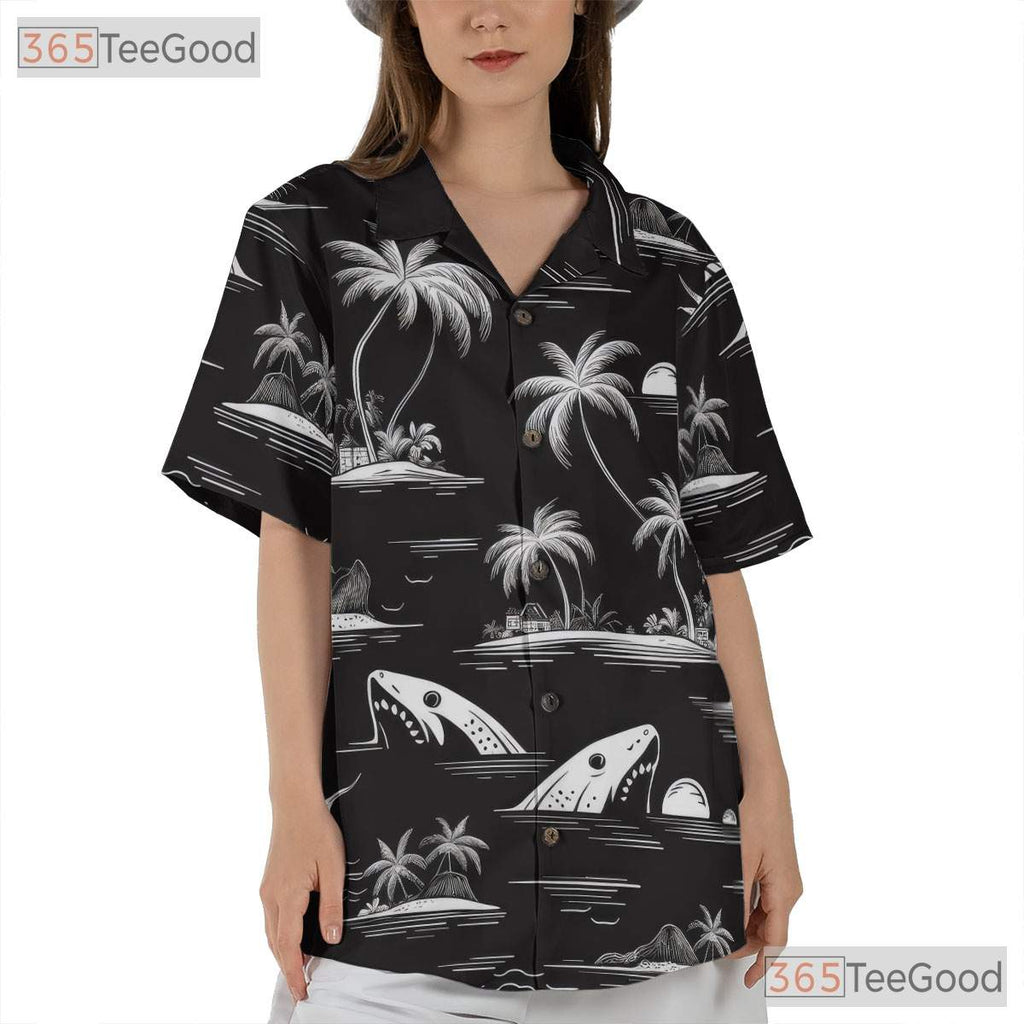Tropical Island Shark Palm Tree Hawaiian Shirt Men Women Beach Vacation Top