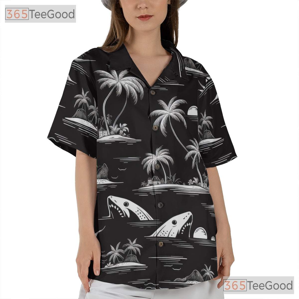 Tropical Island Shark Palm Tree Hawaiian Shirt Men Women Beach Vacation Top