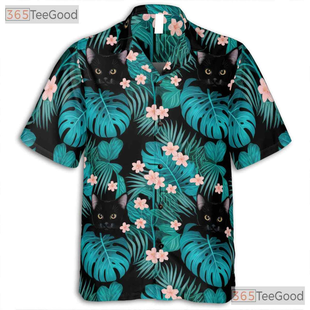 Tropical Jungle Leaf Hawaiian Tee- Unisex Black Cat Graphic Summer Aloha Top