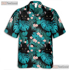 Tropical Jungle Leaf Hawaiian Tee- Unisex Black Cat Graphic Summer Aloha Top