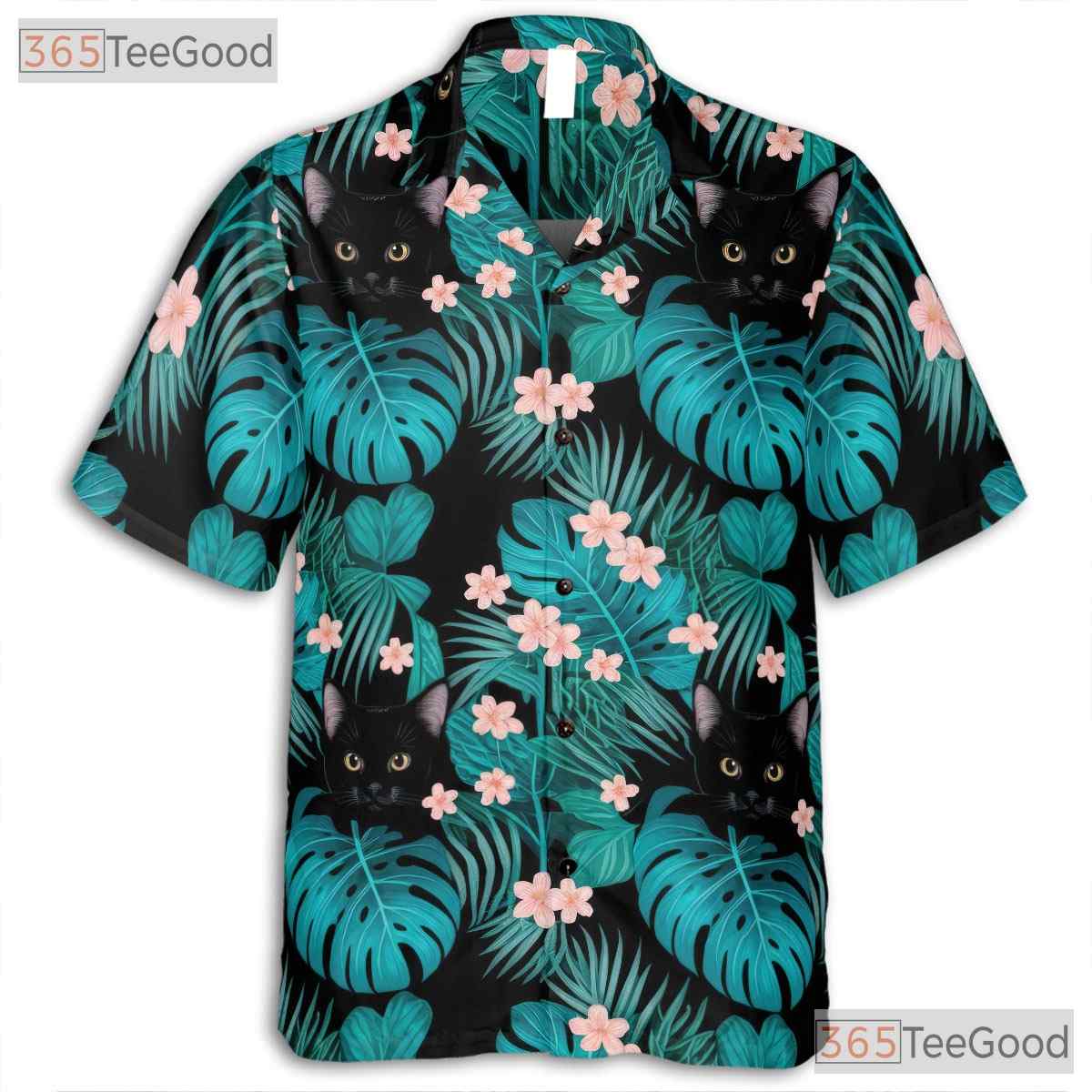 Tropical Jungle Leaf Hawaiian Tee- Unisex Black Cat Graphic Summer Aloha Top