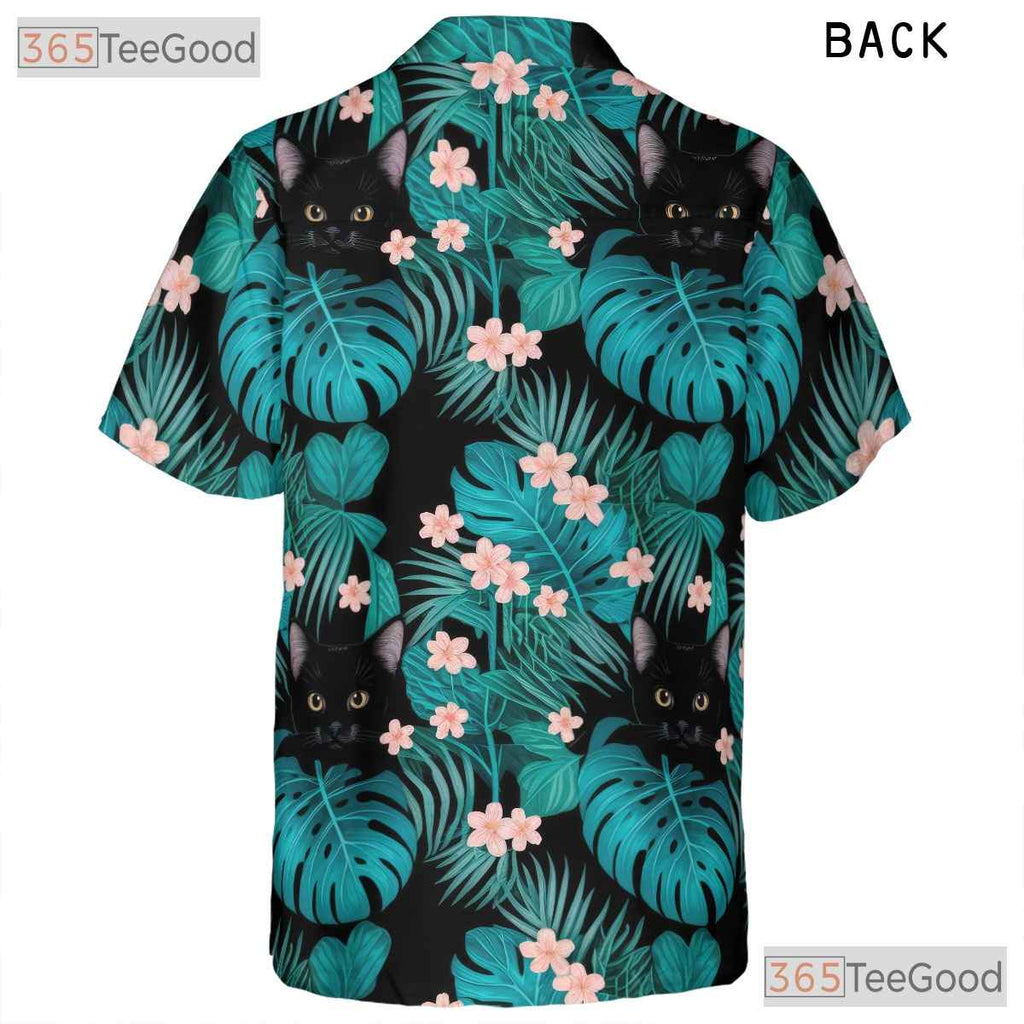 Tropical Jungle Leaf Hawaiian Tee- Unisex Black Cat Graphic Summer Aloha Top
