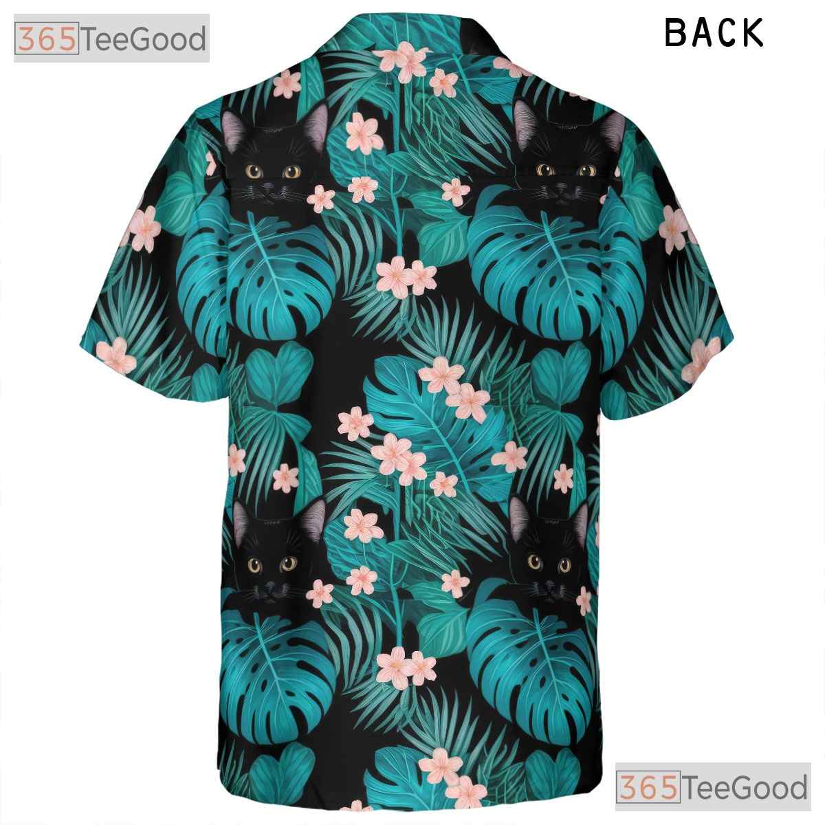 Tropical Jungle Leaf Hawaiian Tee- Unisex Black Cat Graphic Summer Aloha Top