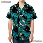 Tropical Jungle Leaf Hawaiian Tee- Unisex Black Cat Graphic Summer Aloha Top
