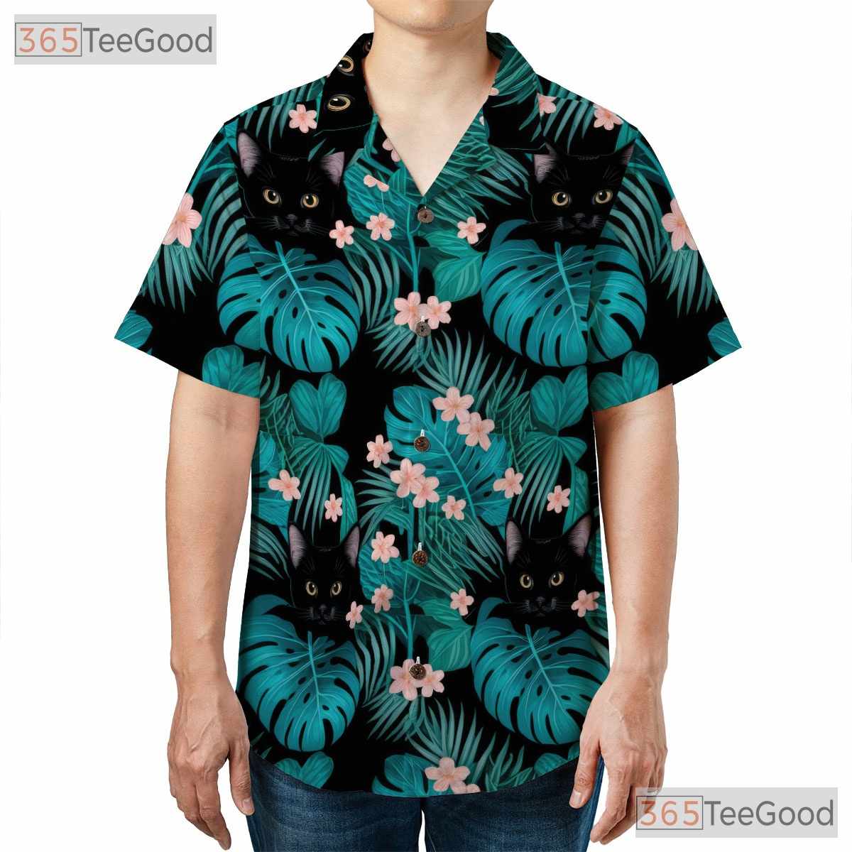 Tropical Jungle Leaf Hawaiian Tee- Unisex Black Cat Graphic Summer Aloha Top