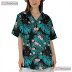 Tropical Jungle Leaf Hawaiian Tee- Unisex Black Cat Graphic Summer Aloha Top