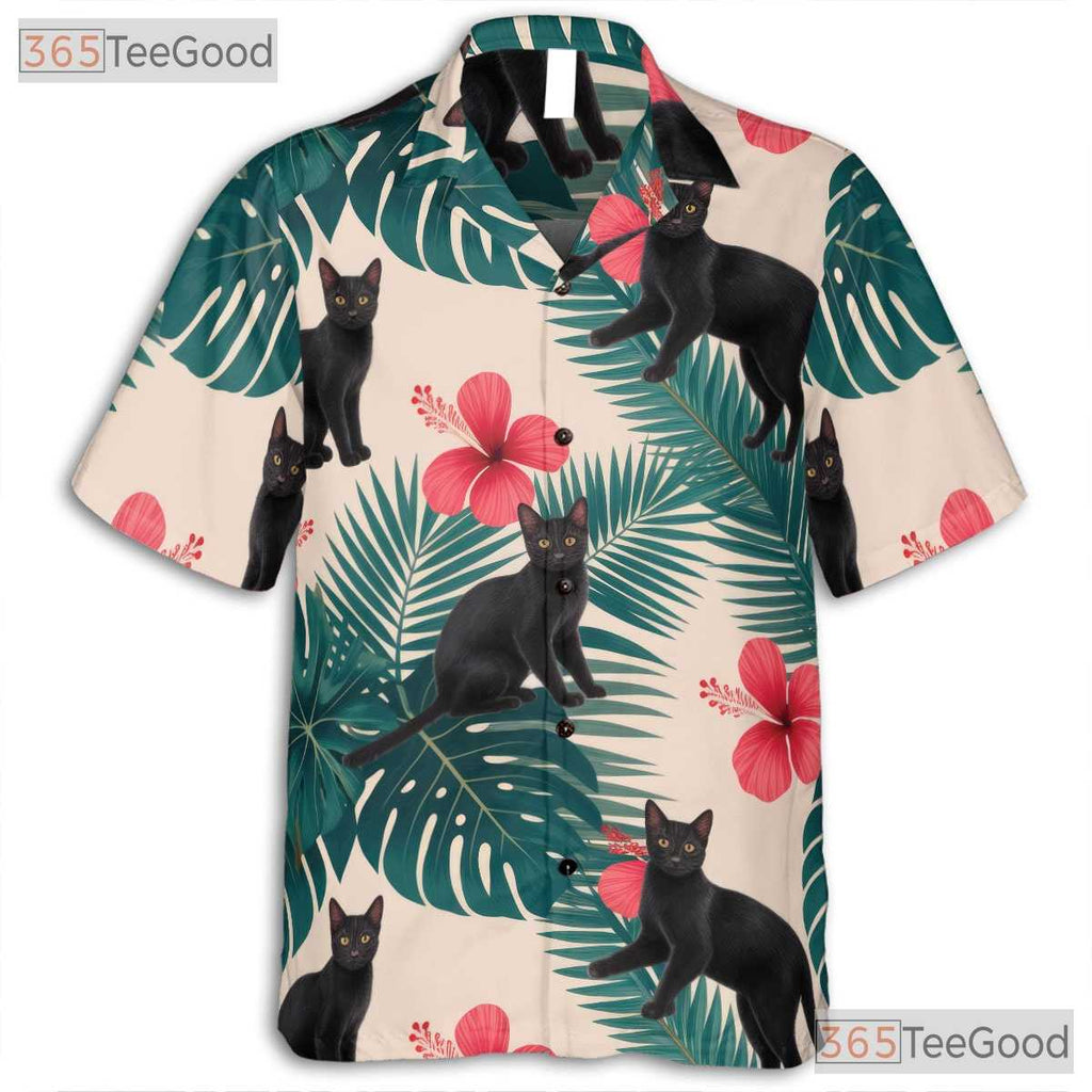 Tropical Jungle Leaf Hawaiian Tee- Unisex Black Cat Red Hibiscus Retro Top