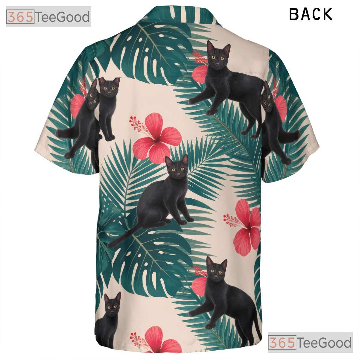 Tropical Jungle Leaf Hawaiian Tee- Unisex Black Cat Red Hibiscus Retro Top