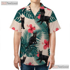 Tropical Jungle Leaf Hawaiian Tee- Unisex Black Cat Red Hibiscus Retro Top