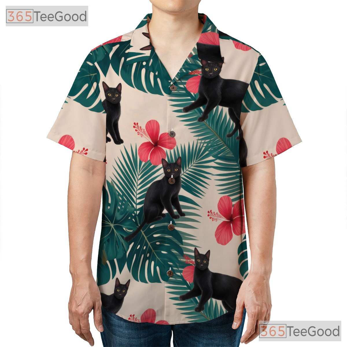 Tropical Jungle Leaf Hawaiian Tee- Unisex Black Cat Red Hibiscus Retro Top
