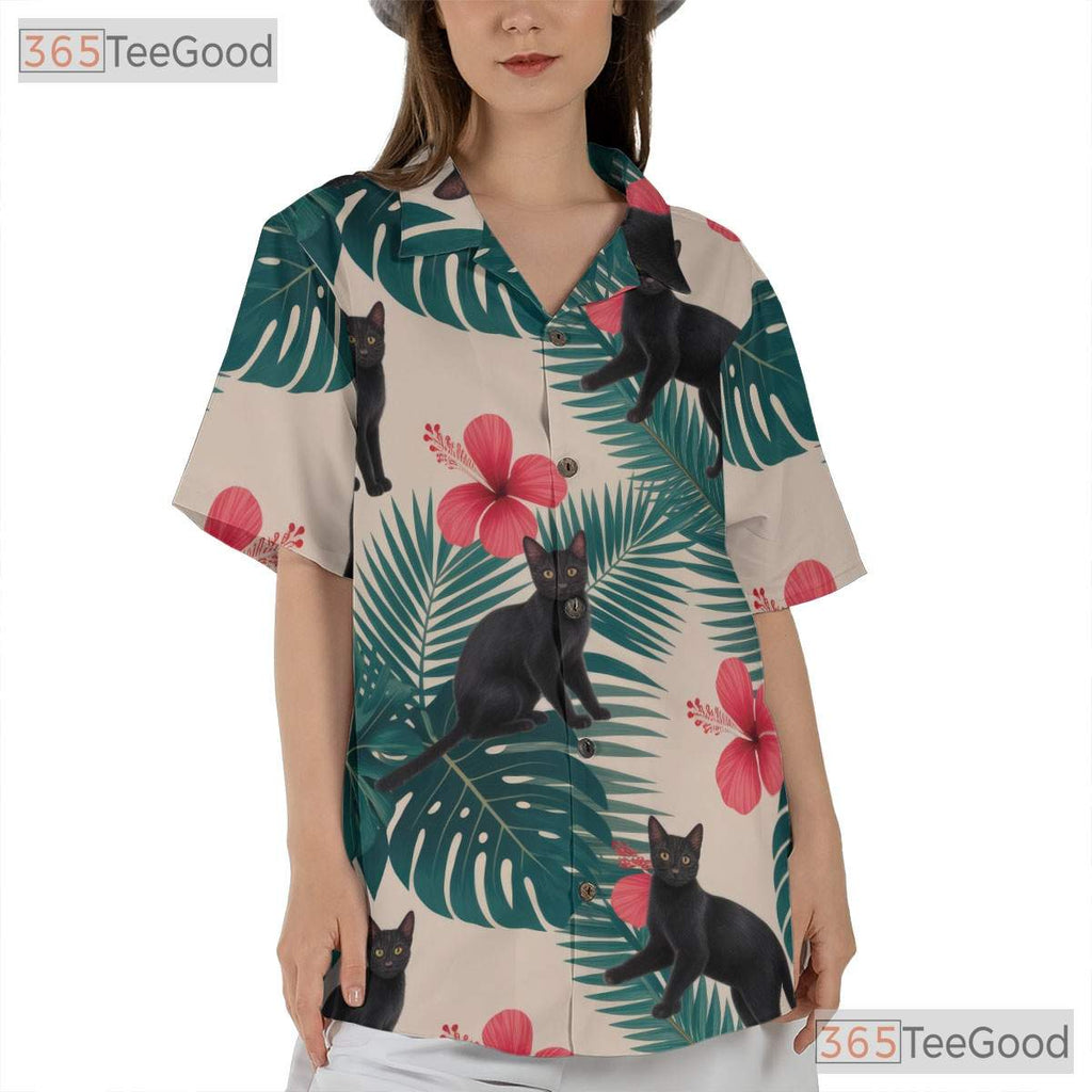 Tropical Jungle Leaf Hawaiian Tee- Unisex Black Cat Red Hibiscus Retro Top