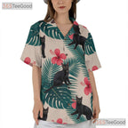 Tropical Jungle Leaf Hawaiian Tee- Unisex Black Cat Red Hibiscus Retro Top