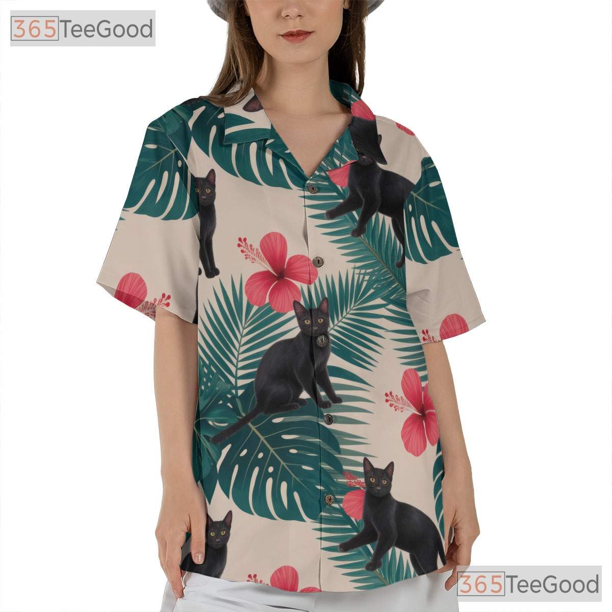 Tropical Jungle Leaf Hawaiian Tee- Unisex Black Cat Red Hibiscus Retro Top