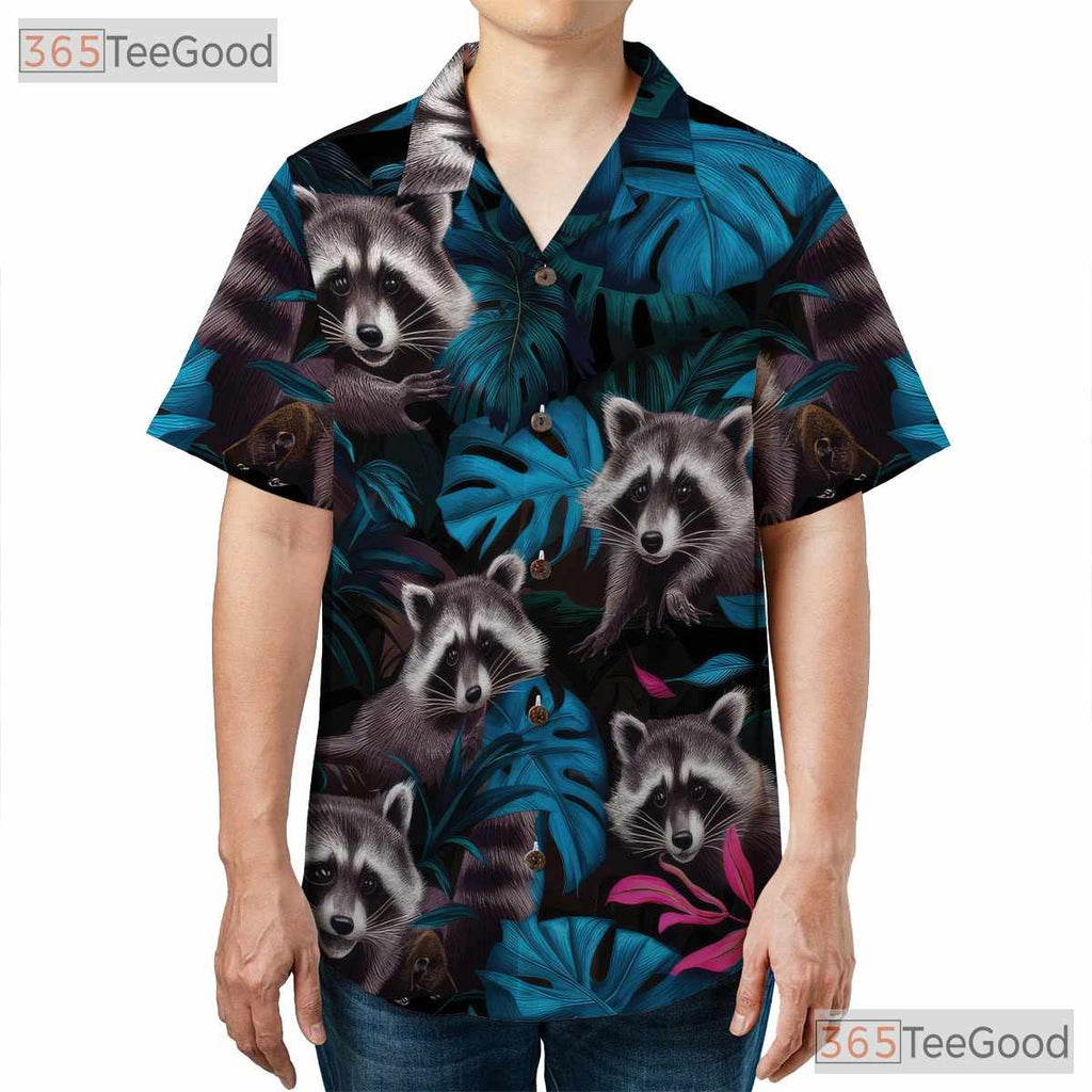 Tropical Jungle Leaf Raccoon Hawaiian Shirt Men Women Summer Vacation Beach Top