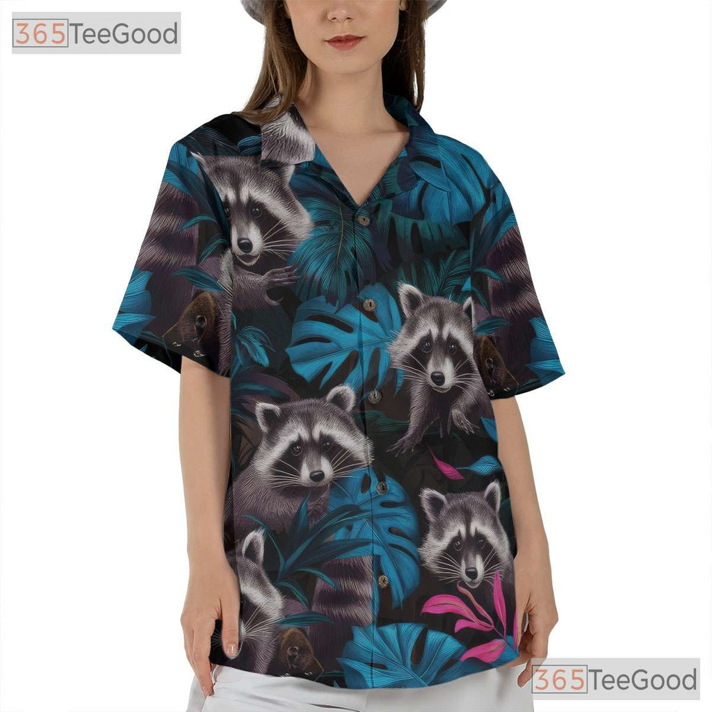Tropical Jungle Leaf Raccoon Hawaiian Shirt Men Women Summer Vacation Beach Top