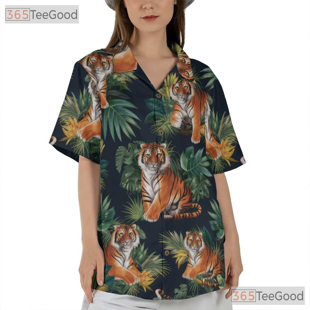 Tropical Jungle Palm Leaves Tiger Hawaiian Shirt Unisex Summer Party Beachwear