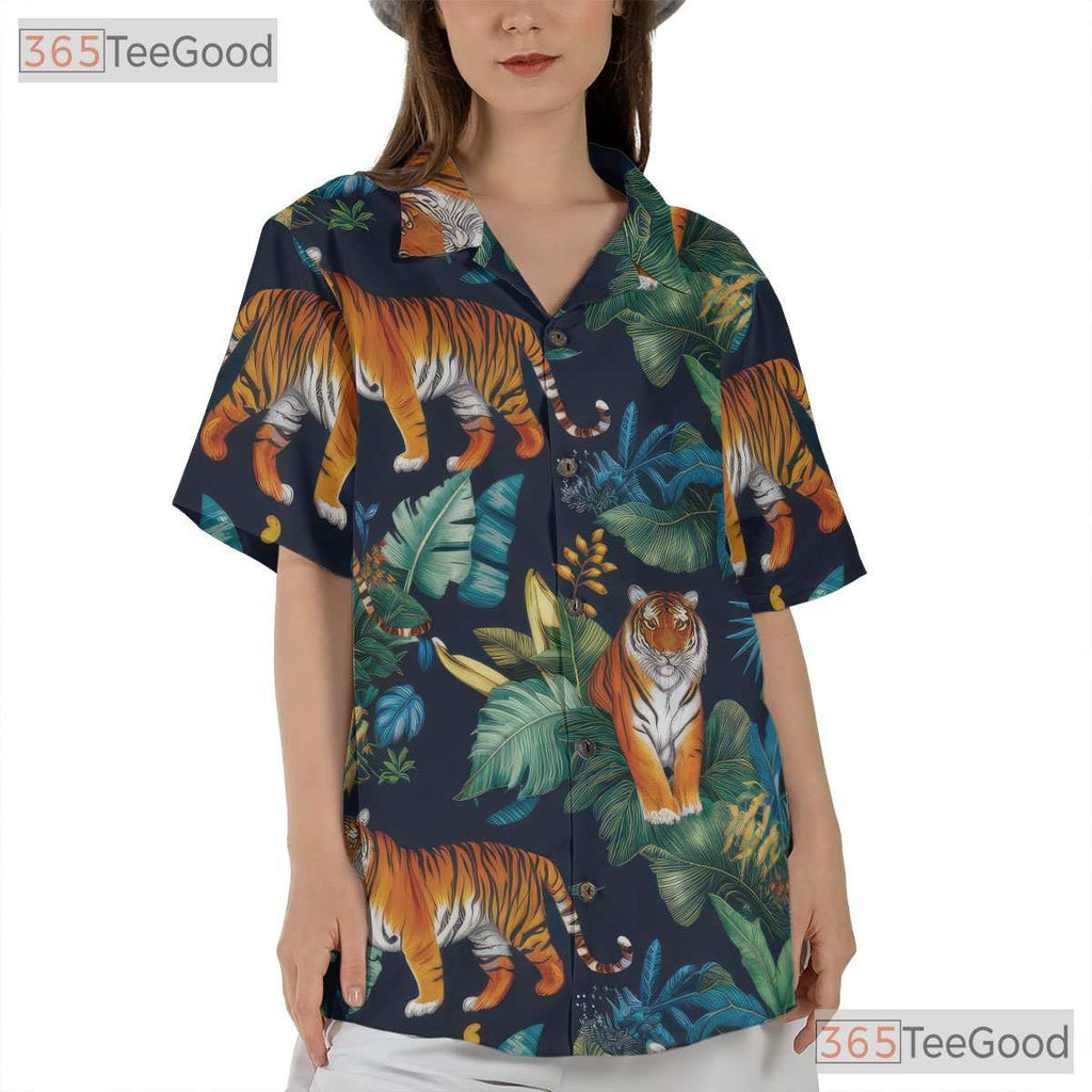 Tropical Jungle Tiger Palm Leaf Animal Vibes Hawaiian Shirt Unisex Summer Outfit