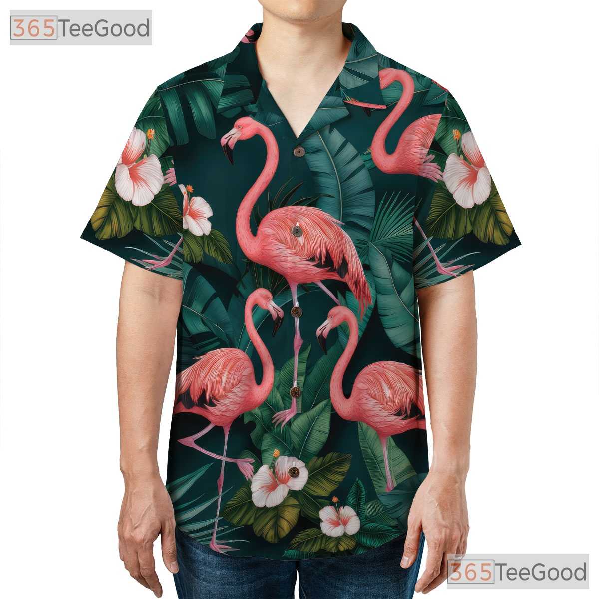 Tropical Leaves Flowers Pink Flamingo Hawaiian Shirt Unisex Aloha Beachwear