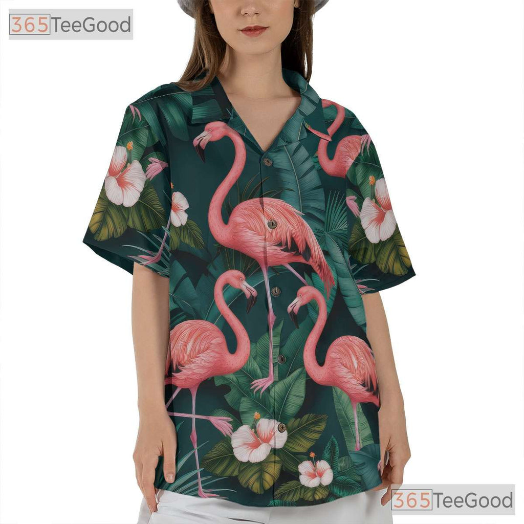 Tropical Leaves Flowers Pink Flamingo Hawaiian Shirt Unisex Aloha Beachwear
