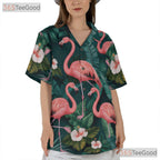 Tropical Leaves Flowers Pink Flamingo Hawaiian Shirt Unisex Aloha Beachwear