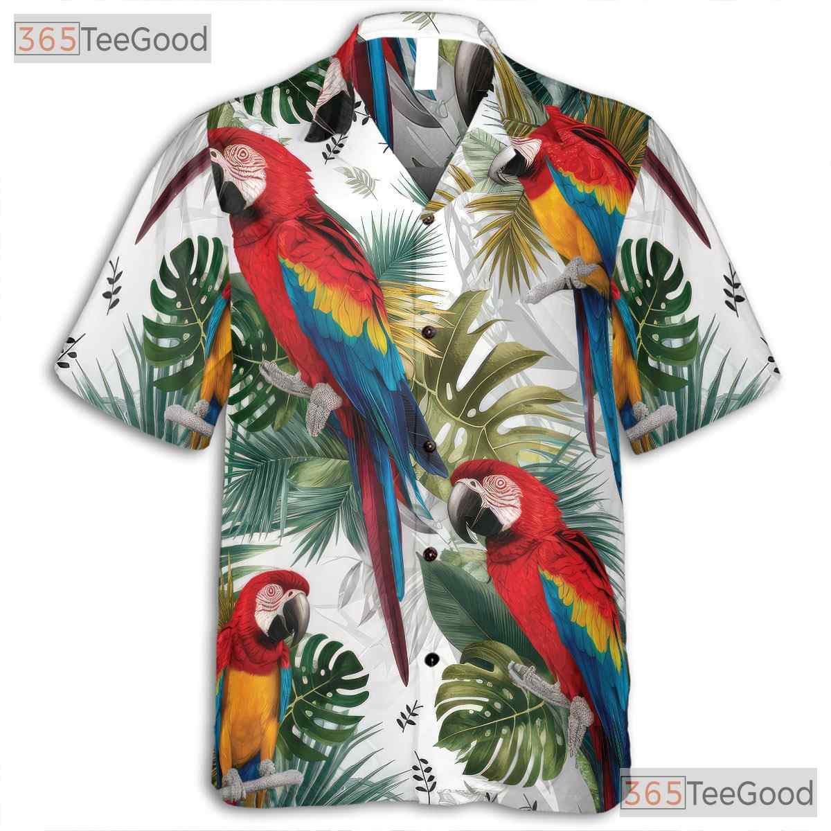 Tropical Macaw Parrots Jungle Leaf Hawaiian Tee Unisex Summer Vacation Beachwear