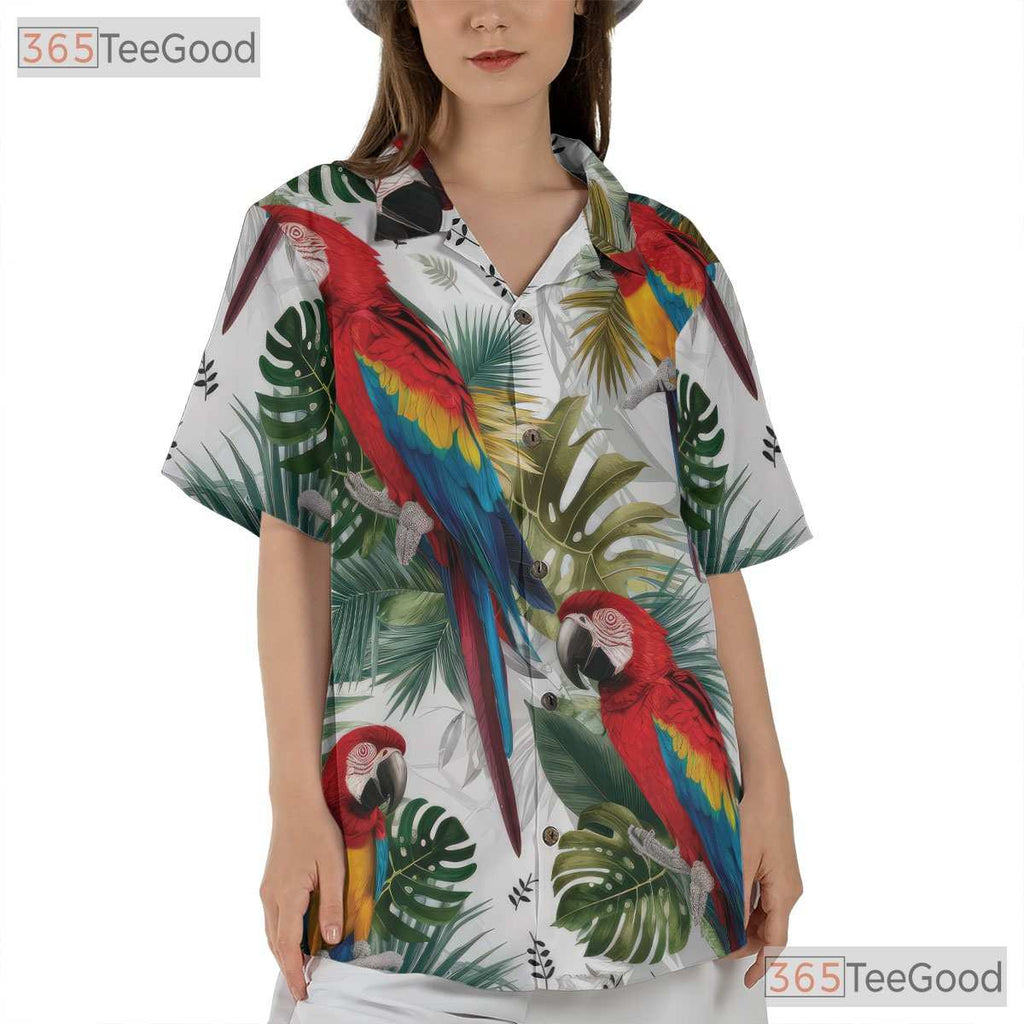 Tropical Macaw Parrots Jungle Leaf Hawaiian Tee Unisex Summer Vacation Beachwear