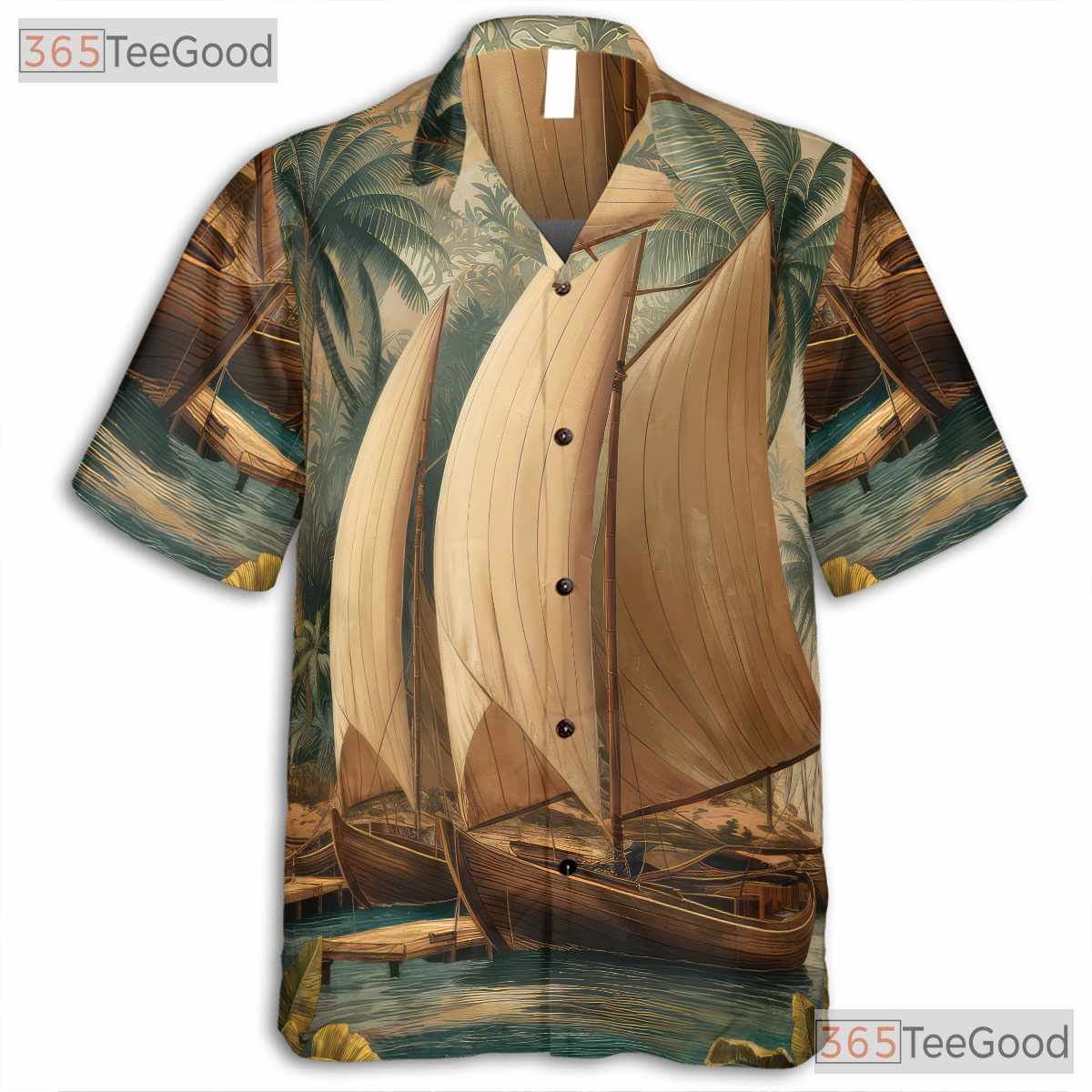 Tropical Nautical Palm Tree Boat Island Hawaiian Shirt Unisex Beachwear Top