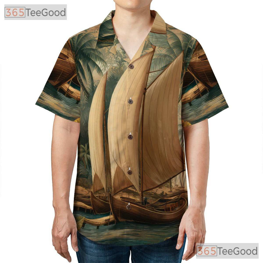 Tropical Nautical Palm Tree Boat Island Hawaiian Shirt Unisex Beachwear Top