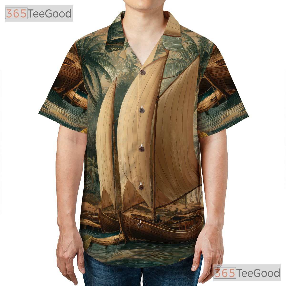 Tropical Nautical Palm Tree Boat Island Hawaiian Shirt Unisex Beachwear Top