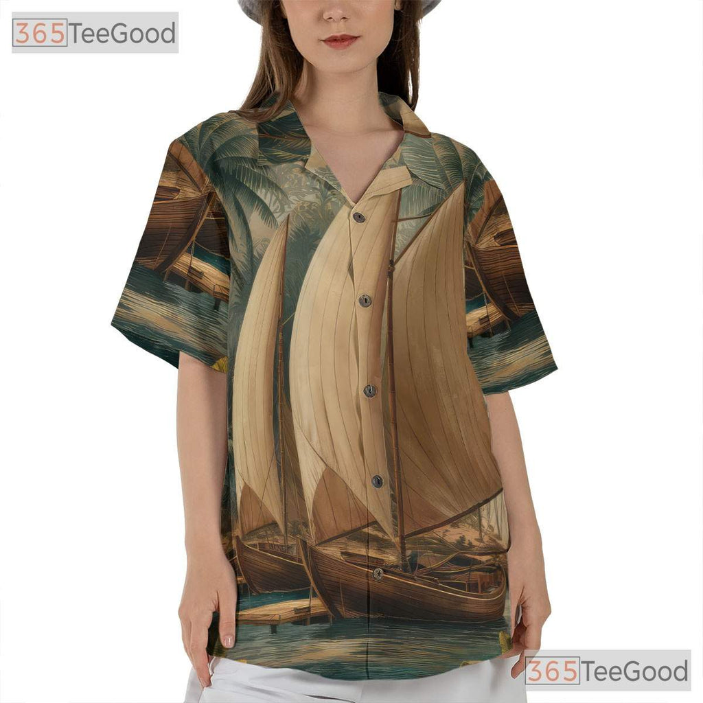 Tropical Nautical Palm Tree Boat Island Hawaiian Shirt Unisex Beachwear Top