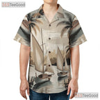 Tropical Nautical Sailboat Hawaiian Shirt- Unisex Vintage Palm Tree Aloha Top