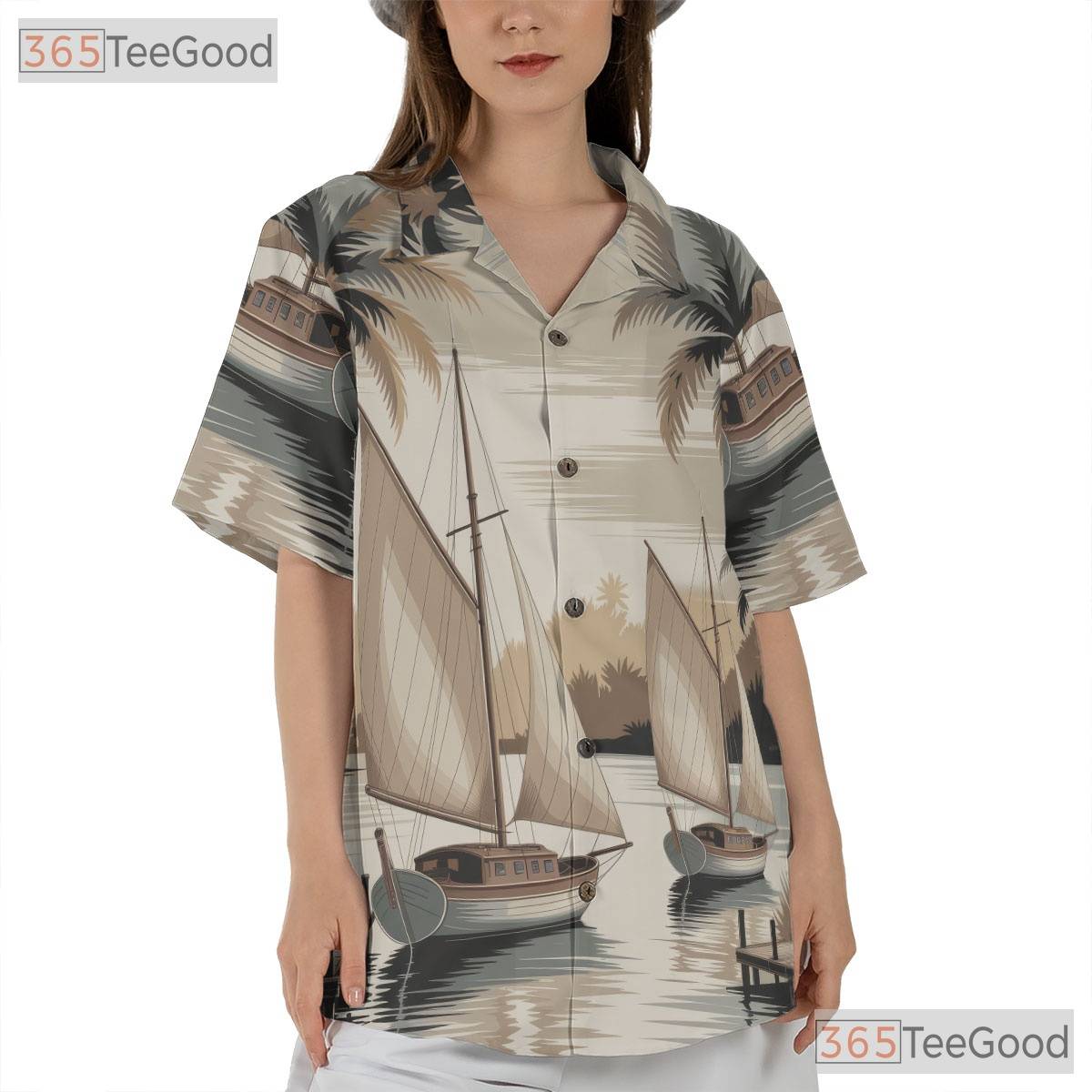 Tropical Nautical Sailboat Hawaiian Shirt- Unisex Vintage Palm Tree Aloha Top