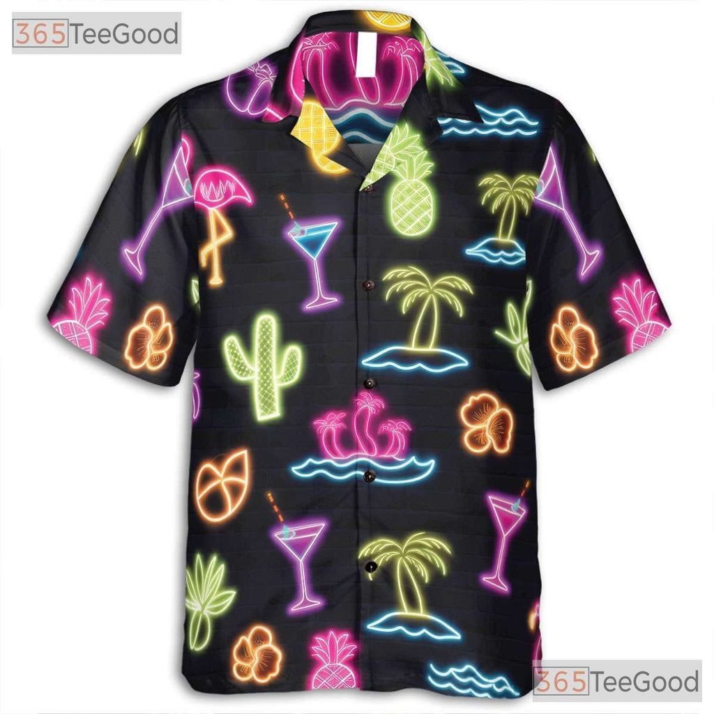 Tropical Neon Flamingo Hawaiian Tee- Unisex Palm Fruit Beach Party Apparel