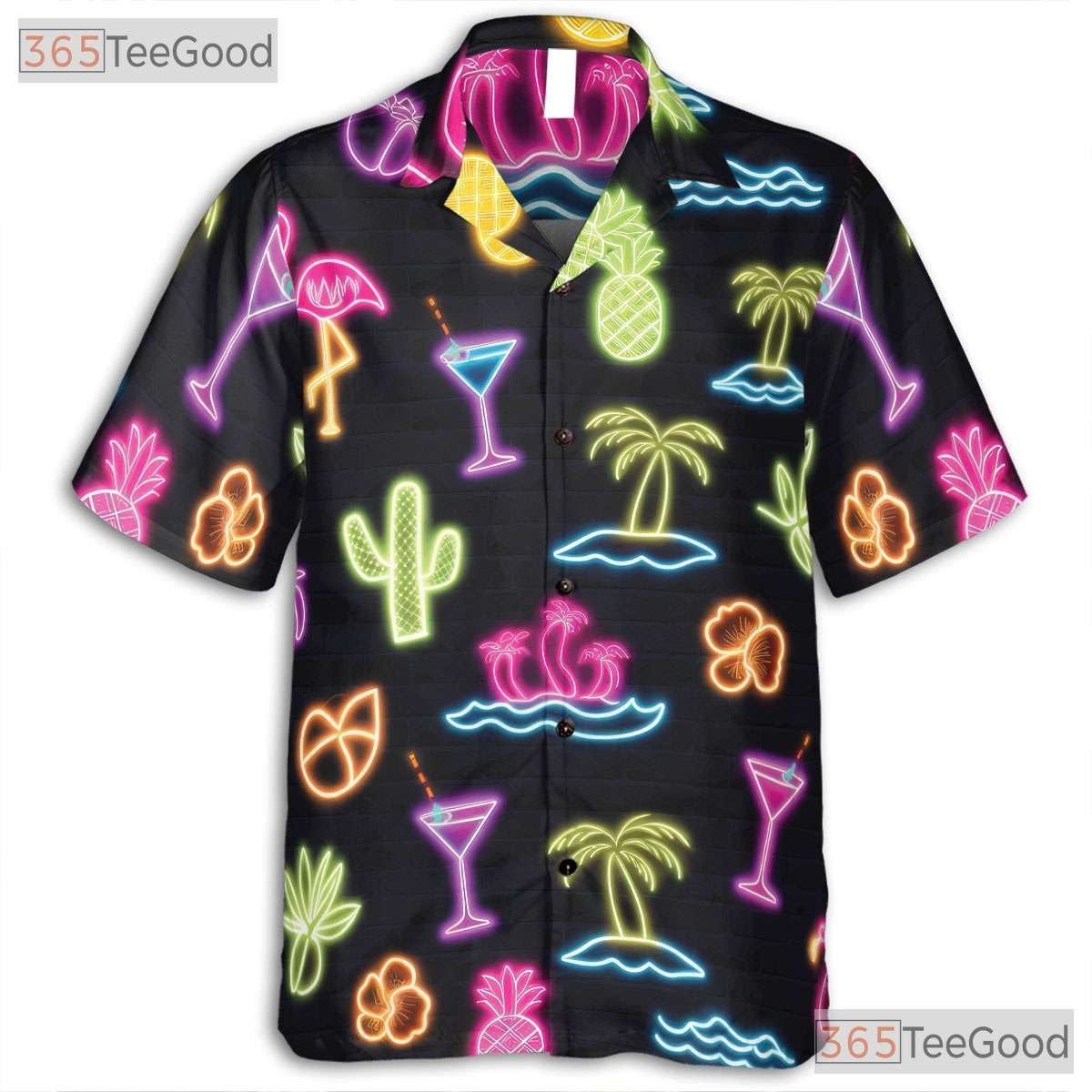 Tropical Neon Flamingo Hawaiian Tee- Unisex Palm Fruit Beach Party Apparel