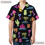 Tropical Neon Flamingo Hawaiian Tee- Unisex Palm Fruit Beach Party Apparel