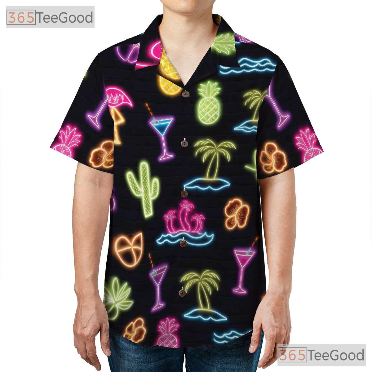 Tropical Neon Flamingo Hawaiian Tee- Unisex Palm Fruit Beach Party Apparel