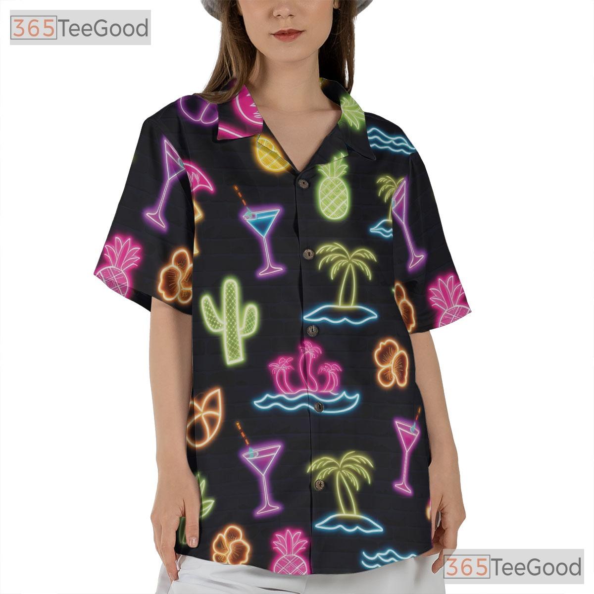 Tropical Neon Flamingo Hawaiian Tee- Unisex Palm Fruit Beach Party Apparel