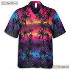 Tropical Neon Sunset Palm Beach Hawaiian Shirt for Men Women Summer Vibes Top