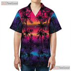 Tropical Neon Sunset Palm Beach Hawaiian Shirt for Men Women Summer Vibes Top