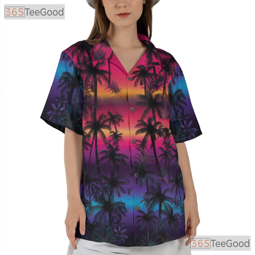 Tropical Neon Sunset Palm Beach Hawaiian Shirt for Men Women Summer Vibes Top