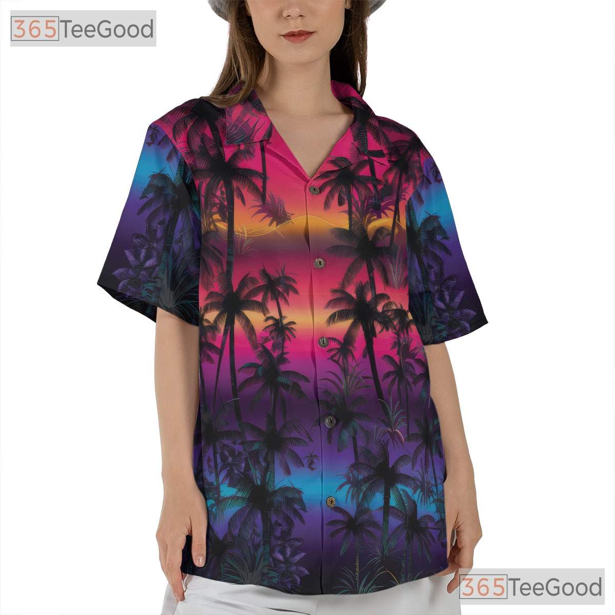 Tropical Neon Sunset Palm Beach Hawaiian Shirt for Men Women Summer Vibes Top