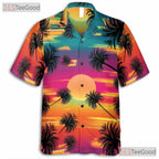 Tropical Neon Sunset Palm Tree Beach Aloha Hawaiian Tee Unisex Summer Outfit