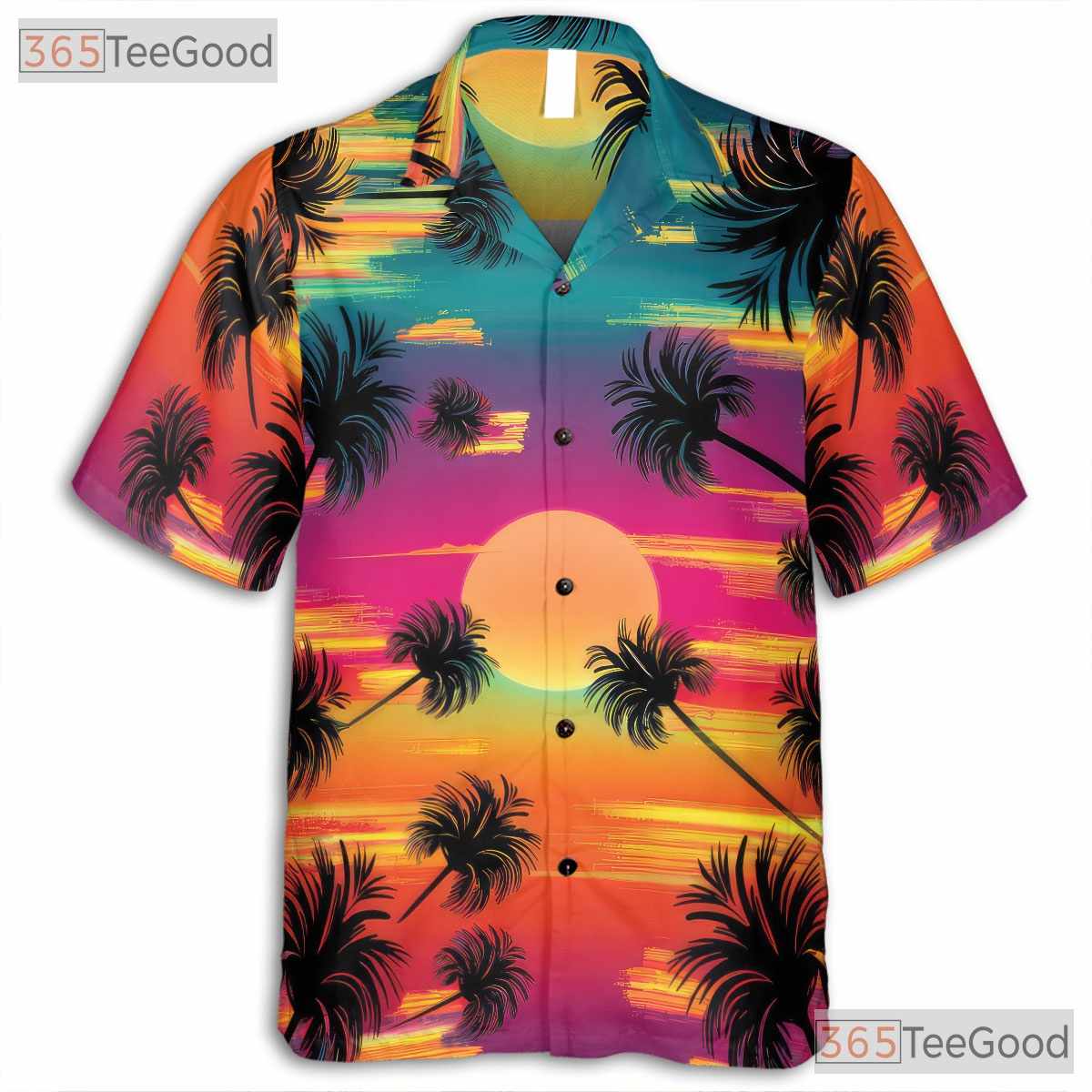 Tropical Neon Sunset Palm Tree Beach Aloha Hawaiian Tee Unisex Summer Outfit