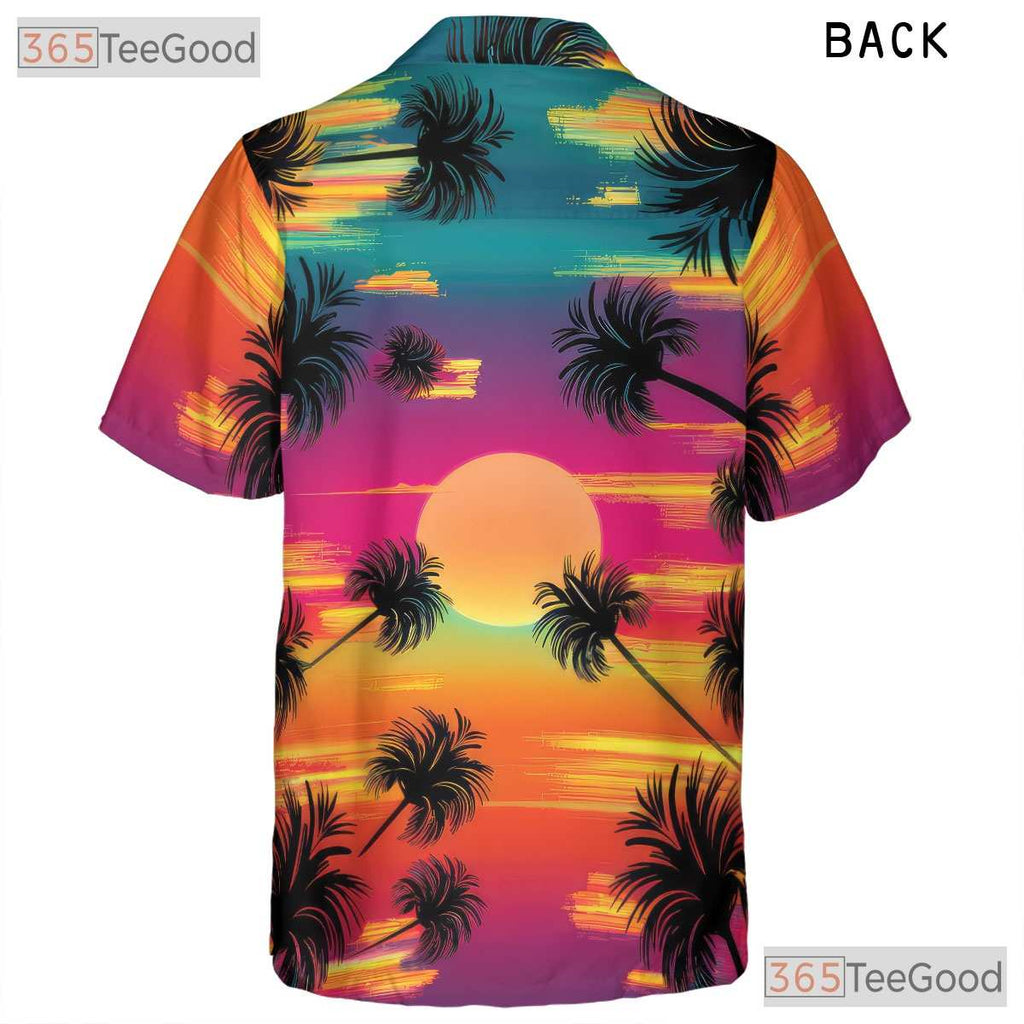 Tropical Neon Sunset Palm Tree Beach Aloha Hawaiian Tee Unisex Summer Outfit